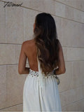 Elegant Hollowed Out Lace Up Halter Dress Women V - Neck Sleeveless Backless Long Dresses Summer