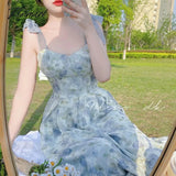 Elegant Long Flower Strap Dress Women Vintage Sweet Print Korean Slip Fairy Casual Calssy Party