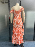 Elegant Sleeveless Slip Long Dress Women Floral V - Neck Backless Ruffle Dresses Summer Fashion