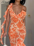 Elegant Sleeveless Slip Long Dress Women Floral V - Neck Backless Ruffle Dresses Summer Fashion