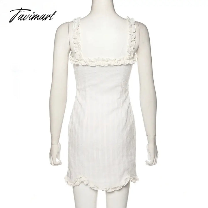 Elegant White Sleeveless Suspender Frilly Girlish Style Mini Dress Romantic Twill Neckline Wrap Hip