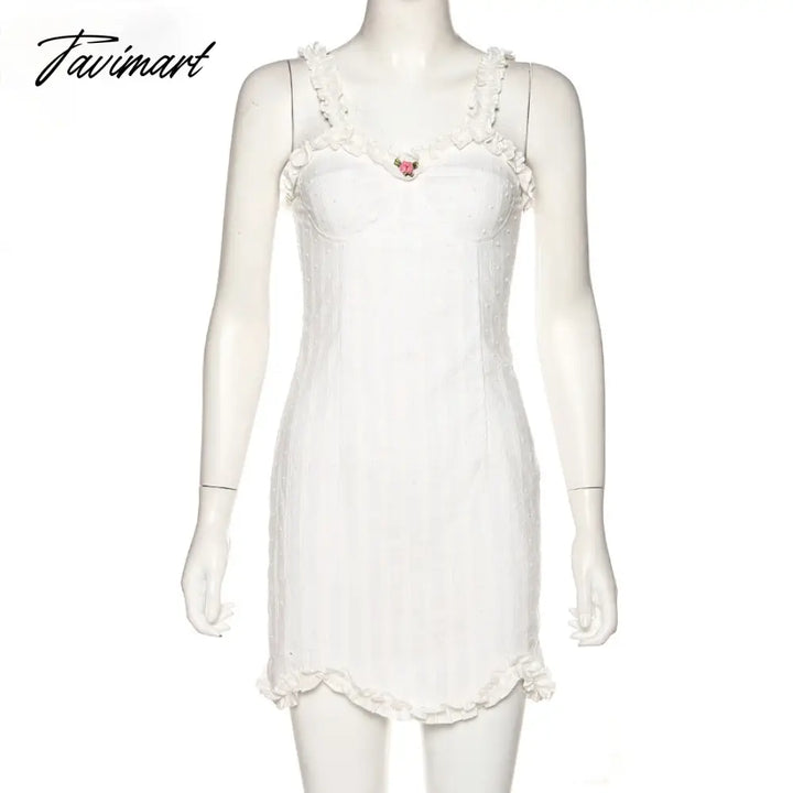 Elegant White Sleeveless Suspender Frilly Girlish Style Mini Dress Romantic Twill Neckline Wrap Hip