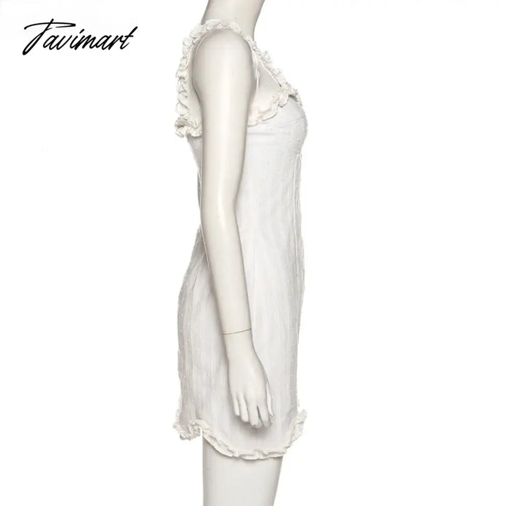 Elegant White Sleeveless Suspender Frilly Girlish Style Mini Dress Romantic Twill Neckline Wrap Hip