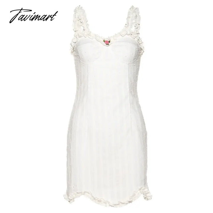 Elegant White Sleeveless Suspender Frilly Girlish Style Mini Dress Romantic Twill Neckline Wrap Hip