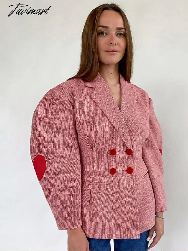 Fashion Pink Plaid Heart Print Coat Women Lapel Lantern Sleeve Notched Double Breasted Jacket