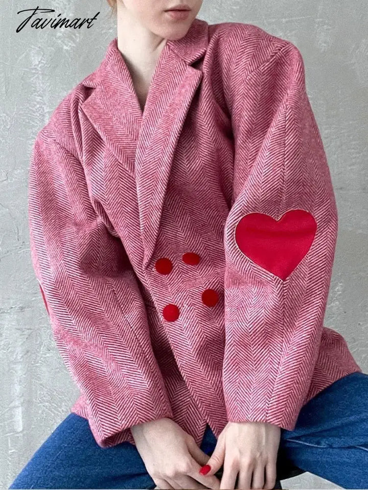 Fashion Pink Plaid Heart Print Coat Women Lapel Lantern Sleeve Notched Double Breasted Jacket