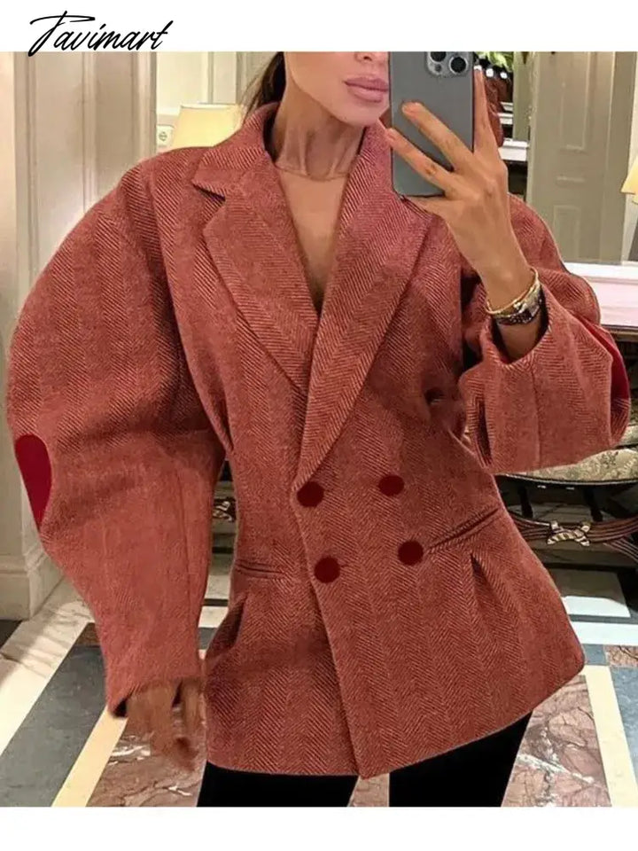 Fashion Pink Plaid Heart Print Coat Women Lapel Lantern Sleeve Notched Double Breasted Jacket