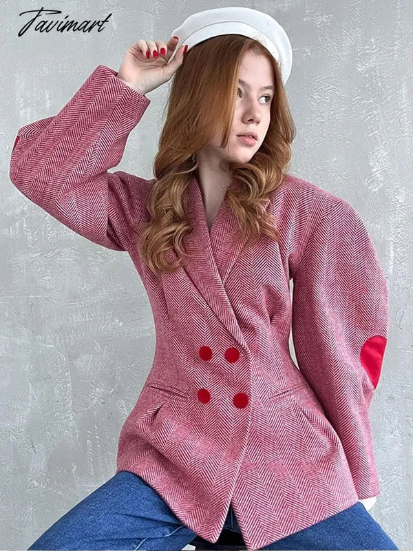 Fashion Pink Plaid Heart Print Coat Women Lapel Lantern Sleeve Notched Double Breasted Jacket