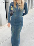 Fashion Women Denim Dress Vintage Blue Long Sleeve Back Zipper Dresses For Spring Causal Slim Fit