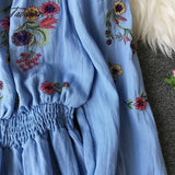 Flower Embroidery Dress Off Shoulder Linen Women Boho Mori Girl Vintage Dresses Long Sleeve Elegant