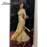 French Style High Waist V - Neck Floral Ruffles Long Dress Mermaid Flare Sleeve Chic And Elegant