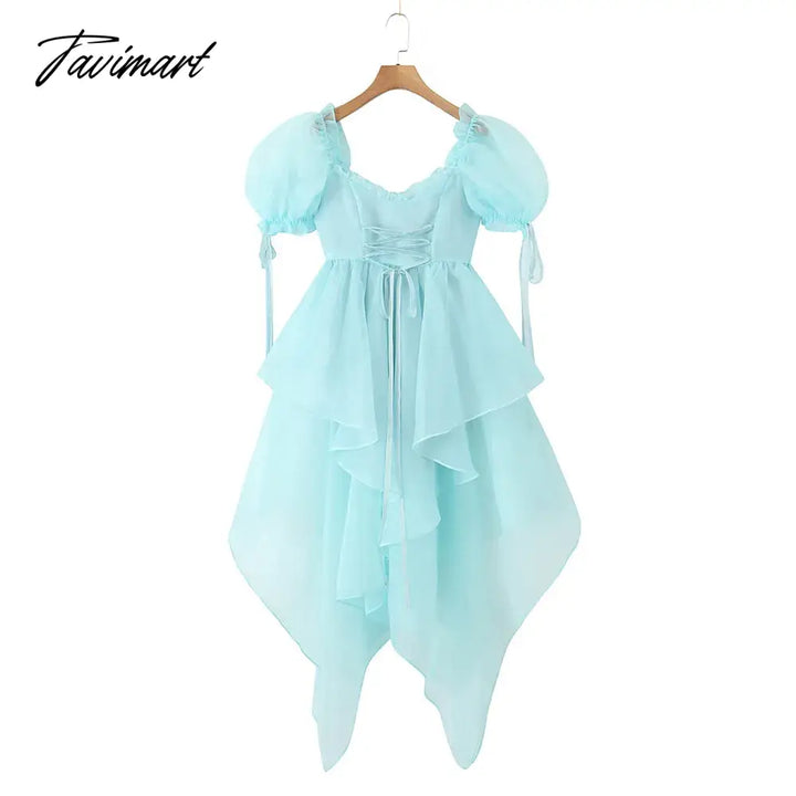 High Quality Women Palace Style Organza V - Neck Short Sleeve Long Dress