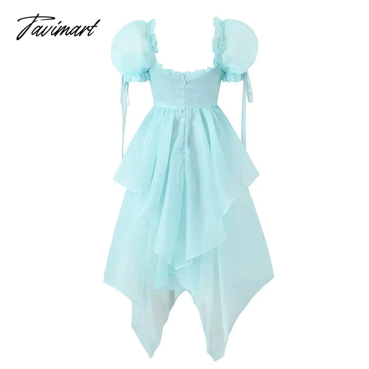 High Quality Women Palace Style Organza V - Neck Short Sleeve Long Dress