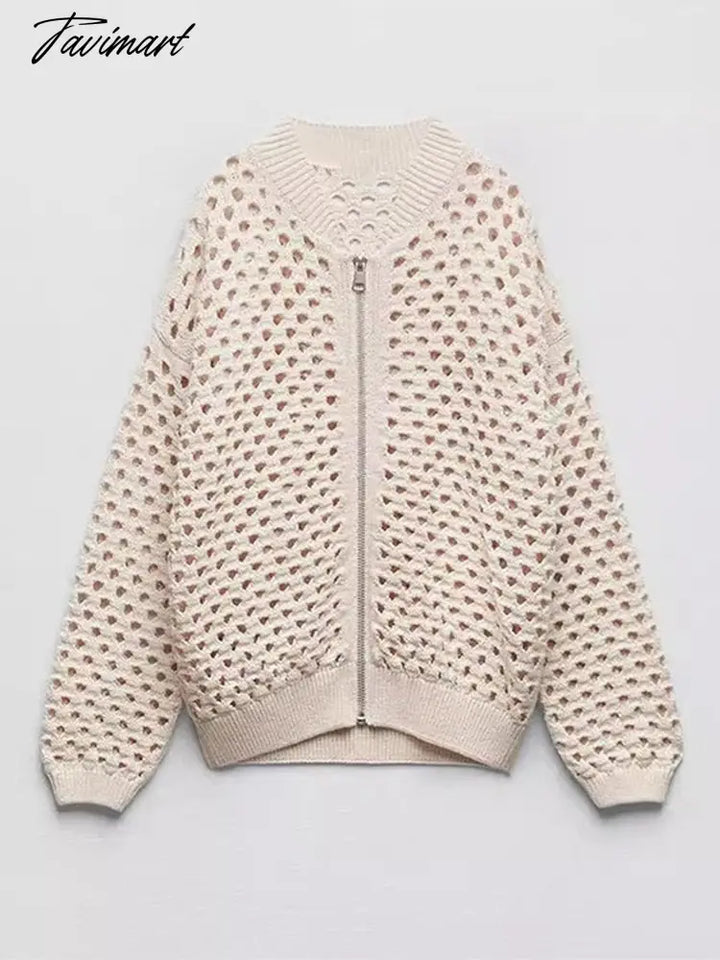 Knit Hollow Out Beige Zipper Women Coat Casual Long Sleeve Bomber Jacket Autumn New Fasion