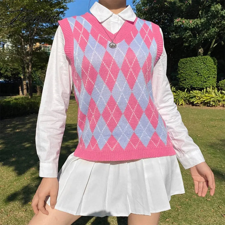 Knitted Vest Vangull Argyle Fashion Women Casual Korean Pullover Elasticity Sweater Spring Autumn