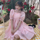 Korean Summer New Sweety Fairy Girly Style Dress Square Collar Puff Sleeve Ruffles Elegant Pure