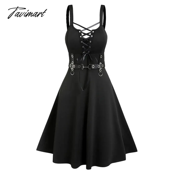 Lace Up Ruffle Straps Dress Sleeveless A Line Punk Style Knee Length Solid Black Dresses