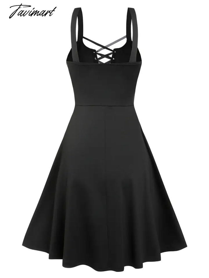 Lace Up Ruffle Straps Dress Sleeveless A Line Punk Style Knee Length Solid Black Dresses