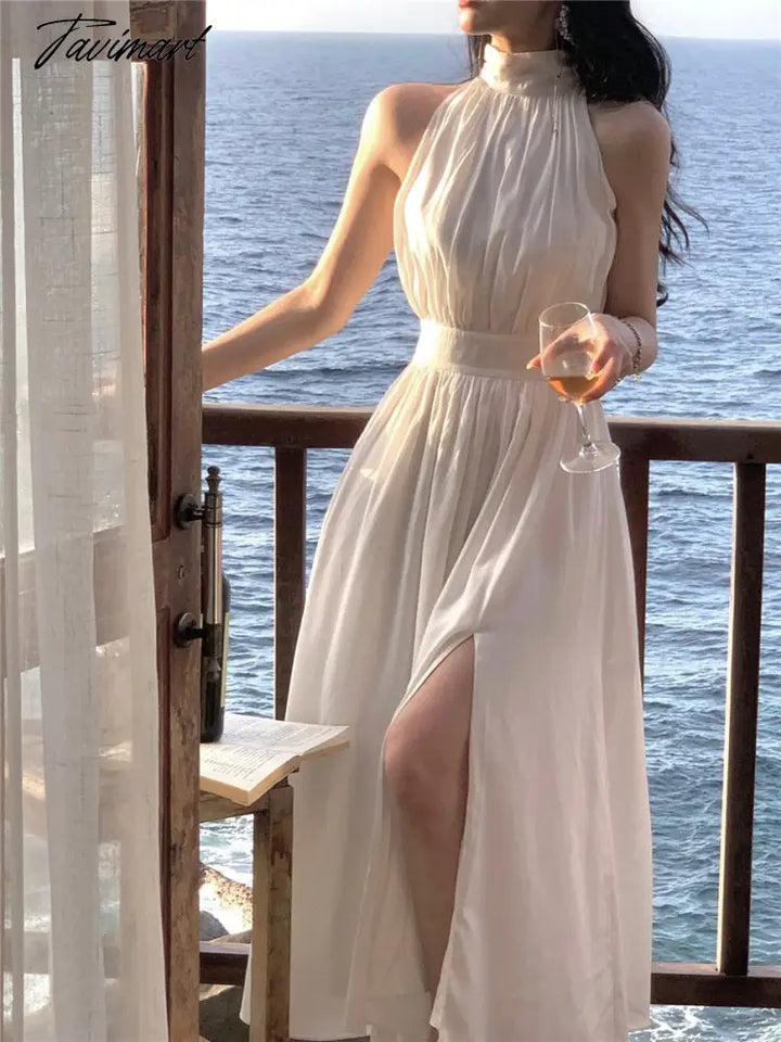 Midi Dress Women Elegant Summer New Fashion Evening Party Vestido Spring Sleeveless Folds Design