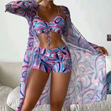 Mqtime Women High Waist Digital Printing Bikini Set Push Up Split Swimsuits Long Sleeve Swimwear