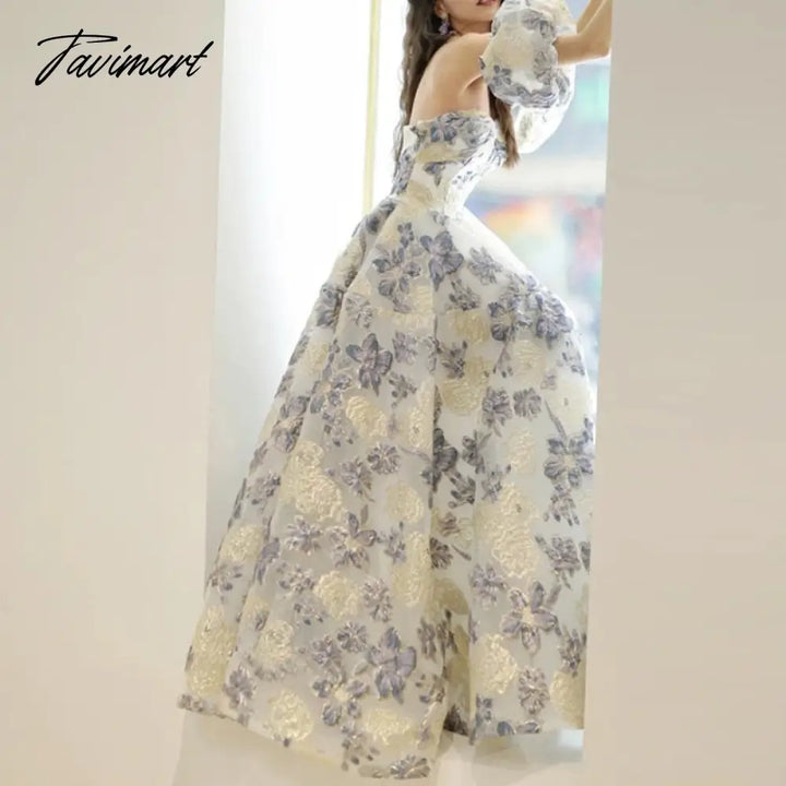 One Shoulder Flower Prinrted Stain Wedding Party Dresses Puff Sleeve Suqare Collar Slim Fit Prom