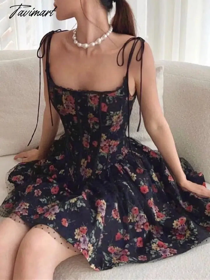 Sexy Women Black Flower Print Spliced Mesh Bra Corset Style Mini Dress Slim Waist Party Skater Bow