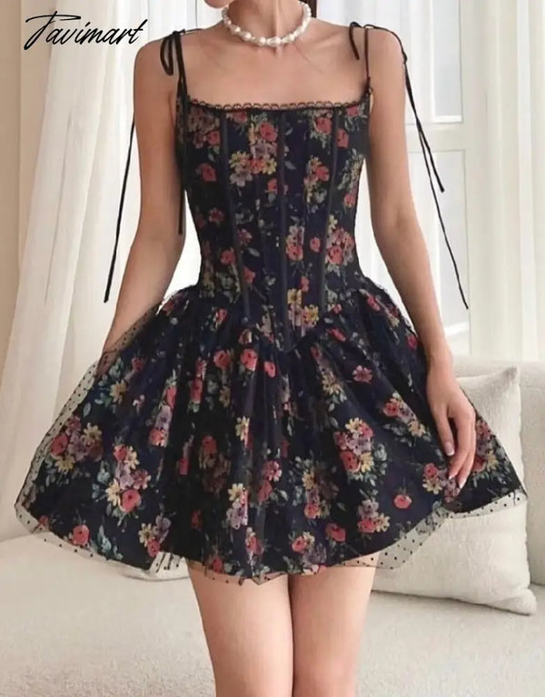 Sexy Women Black Flower Print Spliced Mesh Bra Corset Style Mini Dress Slim Waist Party Skater Bow