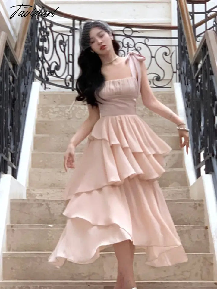 Spaghetti Strap Dress Women Summer New Elegant French Ruffle Sexy Prom Evening Party Fashion Female