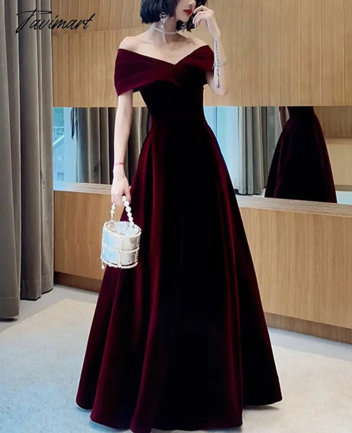 Spring Long Luxury Elegant Wine Red Soft Velvet Evening Party Wedding Dresses For Women Off