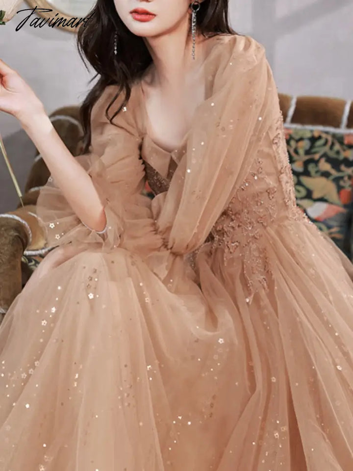 Spring Summer Party Dress Square Collar Long Puff Sleeve Evening Sequined Appliques Mesh Tiered