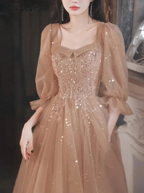 Spring Summer Party Dress Square Collar Long Puff Sleeve Evening Sequined Appliques Mesh Tiered