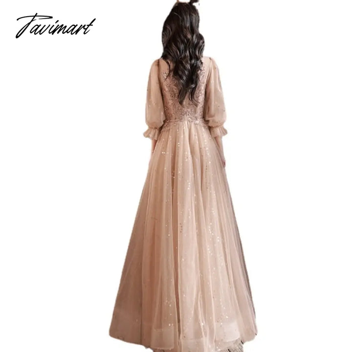 Spring Summer Party Dress Square Collar Long Puff Sleeve Evening Sequined Appliques Mesh Tiered