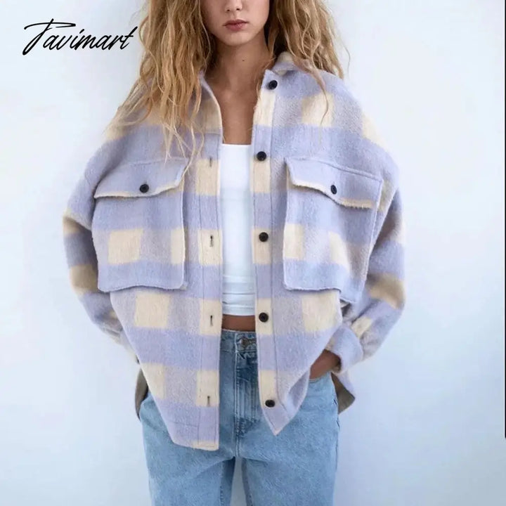 Stylish Sweet Plaid Woolen Shirt Jackets Women Fashion Pockets Turn - Down Collar Check Jacket Cute