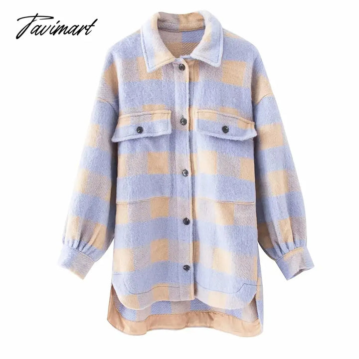 Stylish Sweet Plaid Woolen Shirt Jackets Women Fashion Pockets Turn - Down Collar Check Jacket Cute