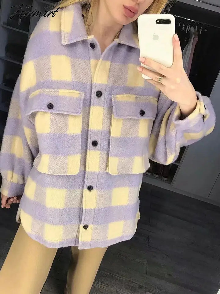 Stylish Sweet Plaid Woolen Shirt Jackets Women Fashion Pockets Turn - Down Collar Check Jacket Cute