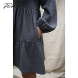 Tavimart 100% Cotton Crepe De Chine Elegant Dresses For Women V - Neck Latern Long Sleeve Ruffles