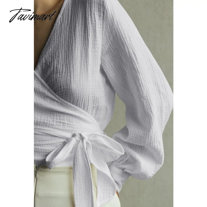 Tavimart 100% Cotton Gauze Muslin Shirts And Blouses Sexy V - Neck Long Sleeve Top Bandage Lace