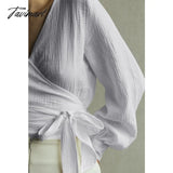 Tavimart 100% Cotton Gauze Muslin Shirts And Blouses Sexy V - Neck Long Sleeve Top Bandage Lace