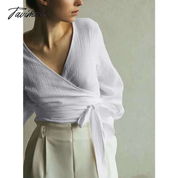 Tavimart 100% Cotton Gauze Muslin Shirts And Blouses Sexy V - Neck Long Sleeve Top Bandage Lace