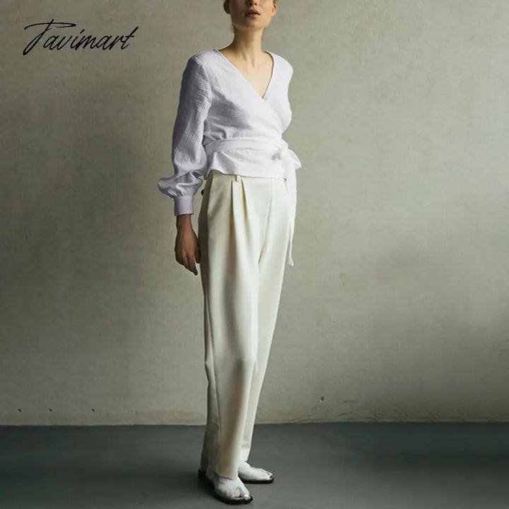 Tavimart 100% Cotton Gauze Muslin Shirts And Blouses Sexy V - Neck Long Sleeve Top Bandage Lace