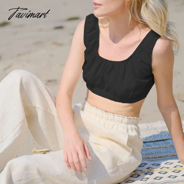 Tavimart 100% Linen Women Crop Top Stretchy Sleeveless Harajuku Streetwear Beach Holiday Corset