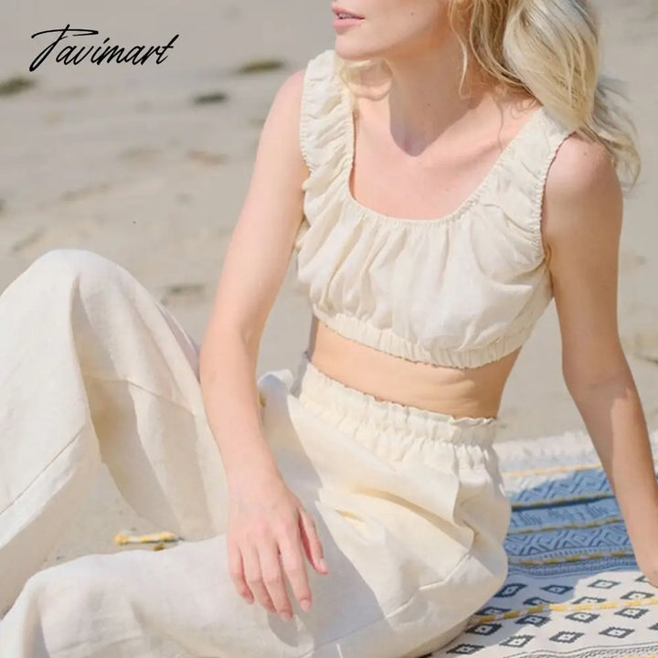 Tavimart 100% Linen Women Crop Top Stretchy Sleeveless Harajuku Streetwear Beach Holiday Corset