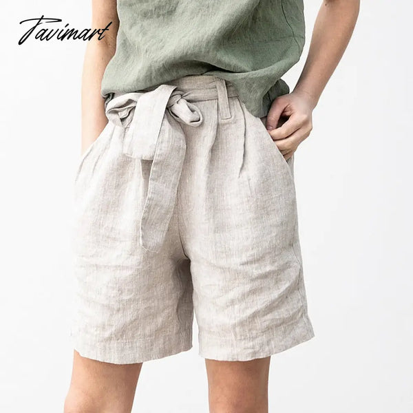 Tavimart 100% Linen Women’s Summer Shorts Casual High Waist Wide Leg Pants With Belt Oversize