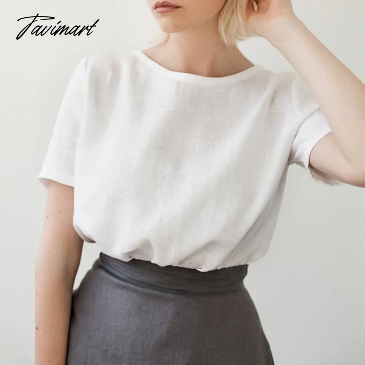 Tavimart 100% Linen Women T Shirt Basic O - Neck Short Sleeve Tees Girls Tops Black White Femme