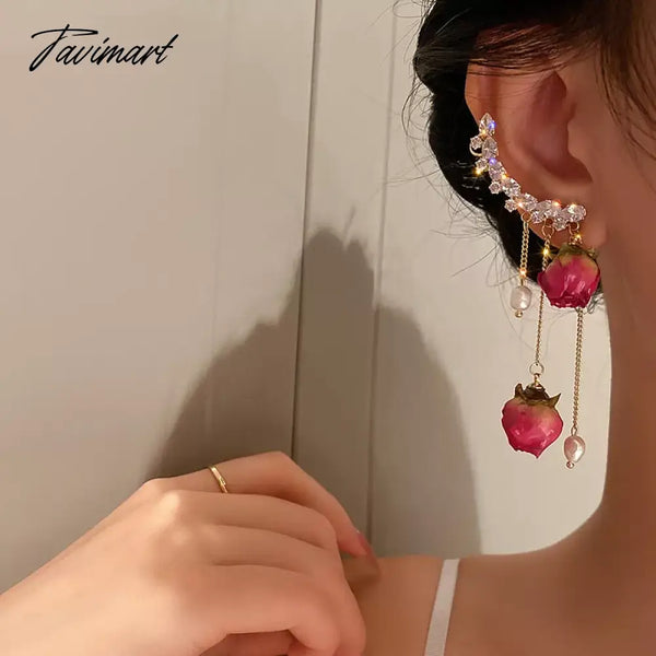 Tavimart 1Pc Korean Rose Flower Dangle Earrings For Women Girls Crystal Pendant Fashion Real Party