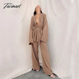 Tavimart 2 Piece Sets Pajamas For Women Long Sleeve Tops Solid Trouser Suits Pyjamas Sashes Casual
