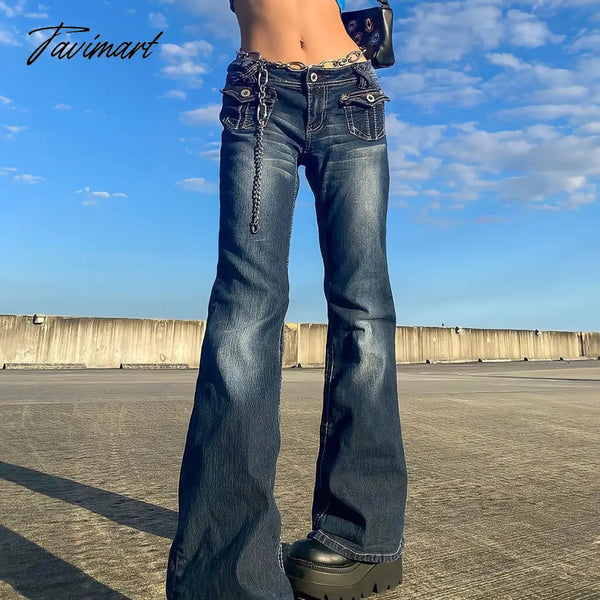 Tavimart 2000S Aesthetic Flared Pants Low Waist Jeans Women Vintage Wide Leg Cargo Streetwear Y2K