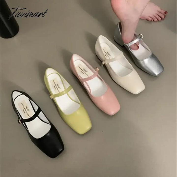 Tavimart - 2024 New French Retro Women Flats Fashion Square Toe Shallow Mary Jane Shoes Soft Casual