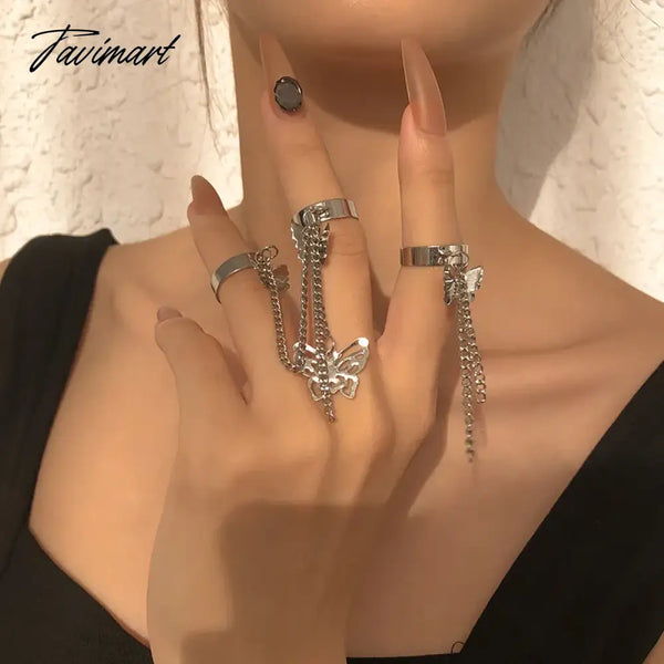 Tavimart 2Pcs Hollow Butterfly Tassels Rings Set For Women Double Finger Chain Gold Silver Color