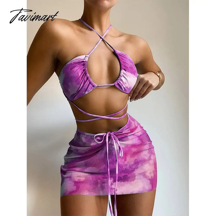 Tavimart 3 Piece Bikini Set Summer Bathing Suits Women Print Halter Swimwear Ladies Padded Split